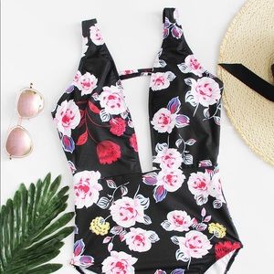 Black Flower Print One-Piece Bathing Suit (New!)